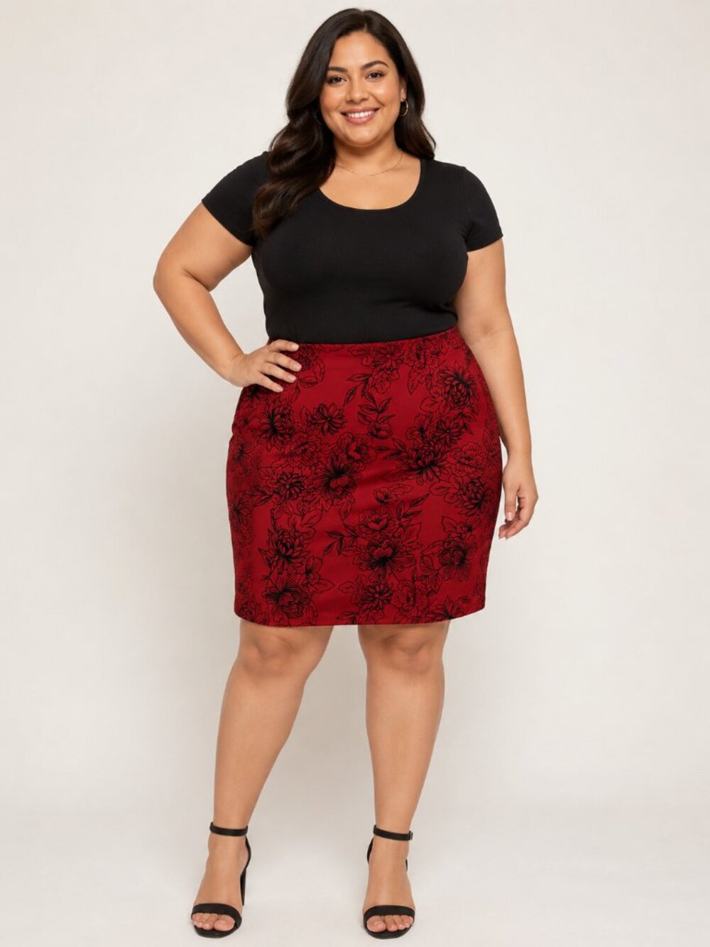 Roz & Ali Red Black Floral Skirt Women’s Size 3X